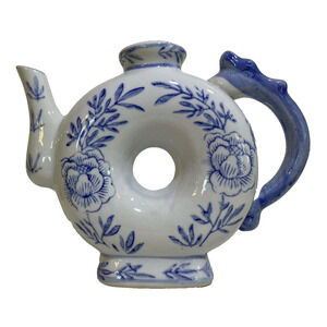 Vintage Chinese Porcelain Blue White Teapot Donut Shaped Dragon Handle no lid